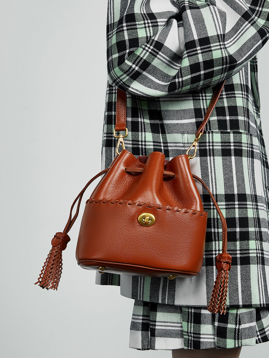 Women's Leather Tassel Lacing Bucket Bag-RAIIFY