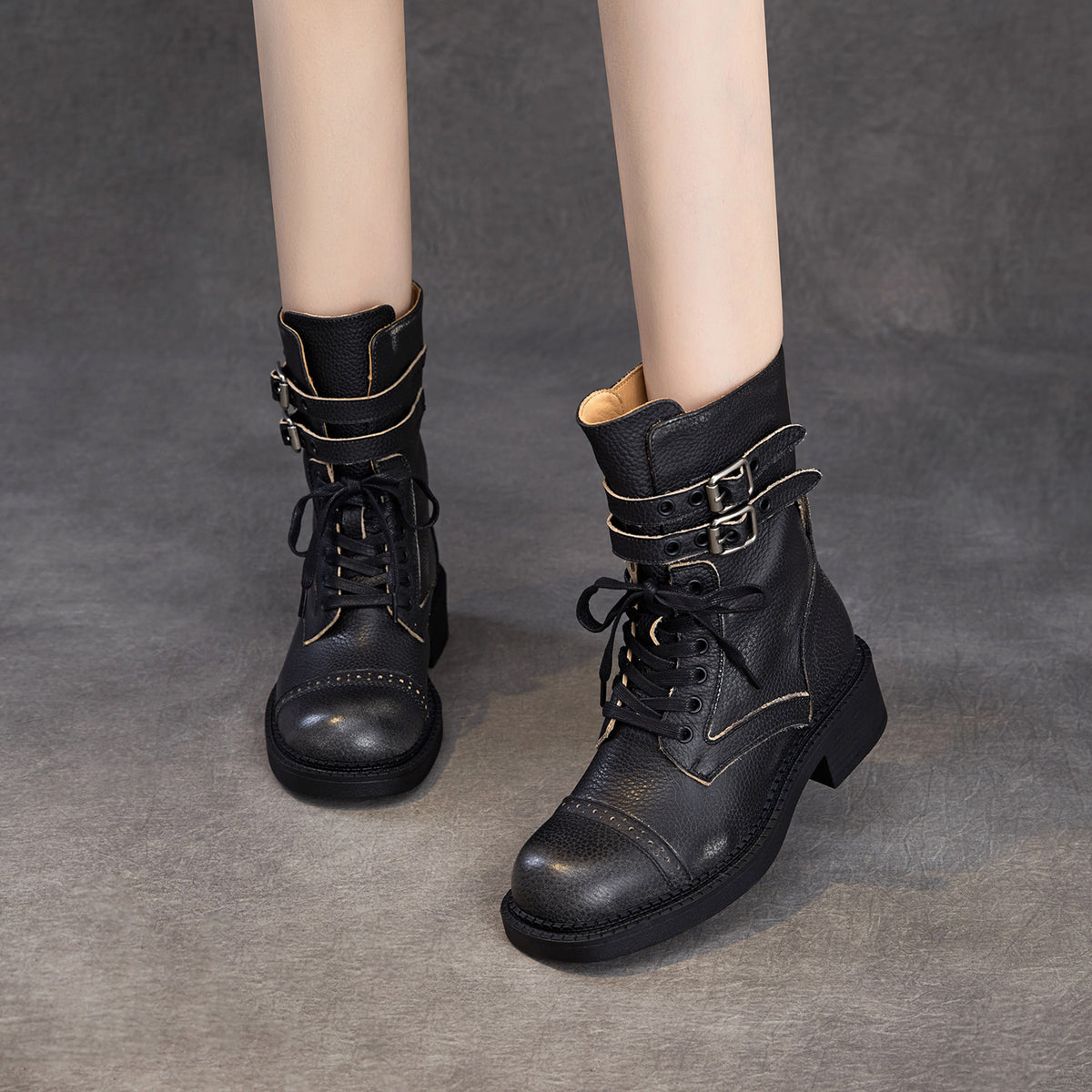 Women's Vintage Leather Buckle Motorcycle Boots-RAIIFY