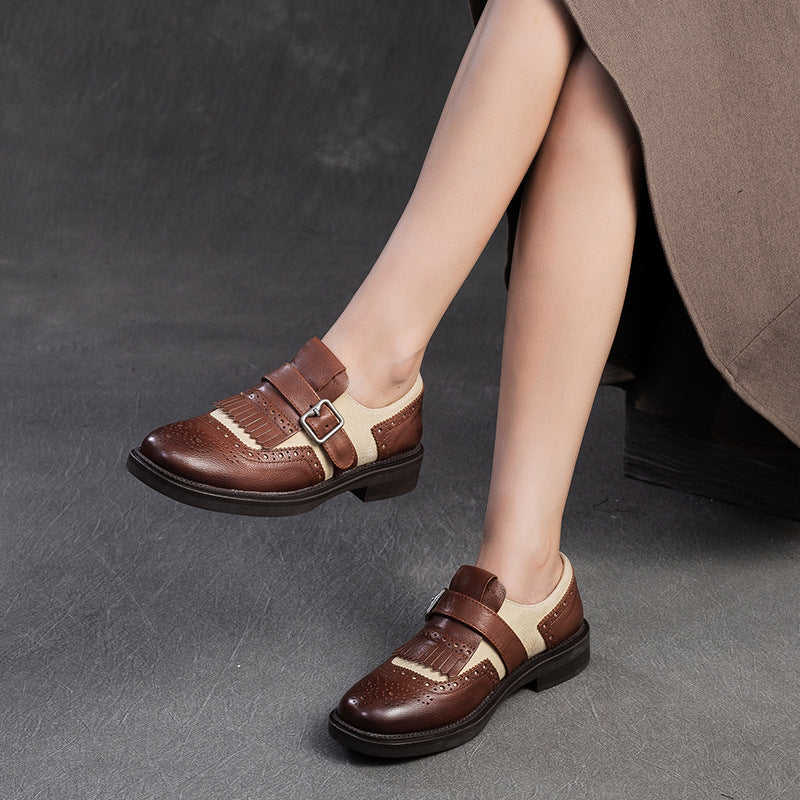 Women Patchwork Hollow Leather Retro Loafers-RAIIFY