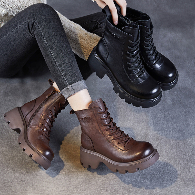 Women Vintage Solid Leather Thick Soled Boots-RAIIFY