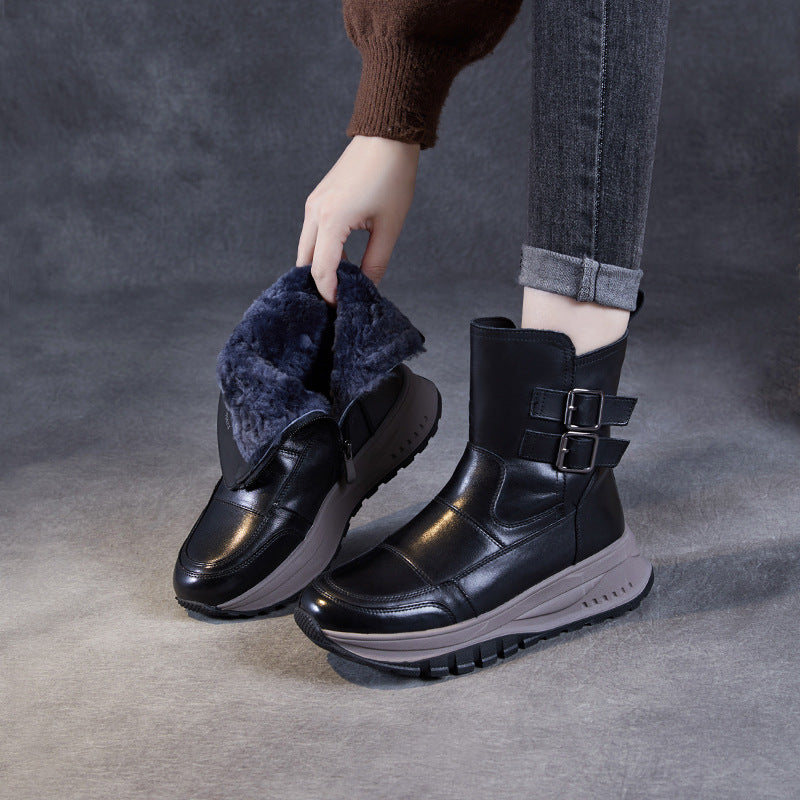 Women Minimalism Solid Leather Woolen Snow Boots-RAIIFY