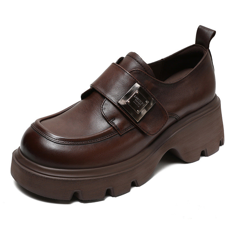 Women Retro Leather Velcro Tape Chunky Platform Loafers-RAIIFY