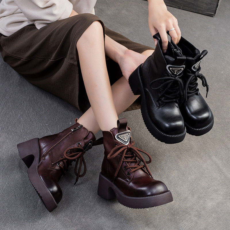 Women Retro Leather Chunky Heel Casual Boots-RAIIFY