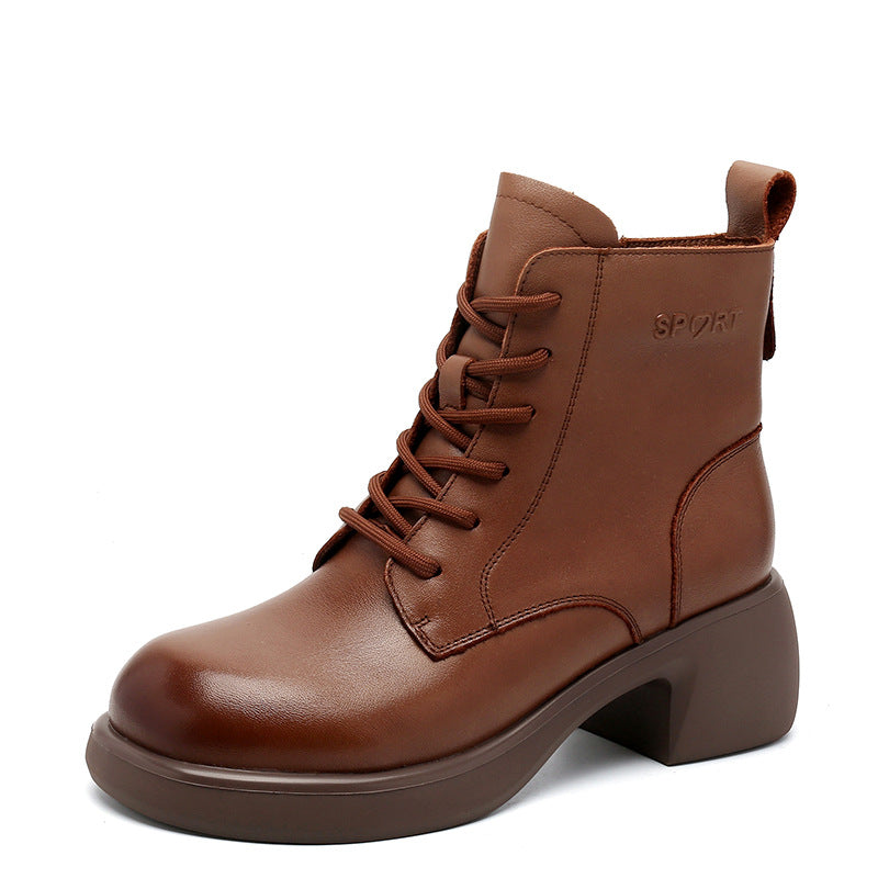 Women Retro Solid Leather Low Block Ankle Boots-RAIIFY