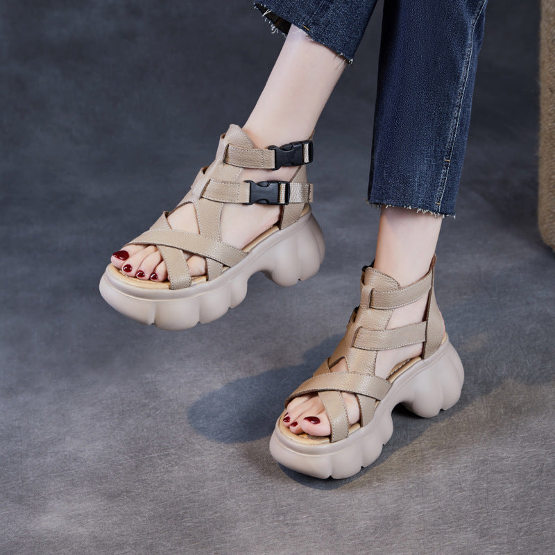 Women Plain Plaited Leather Casual Platform Sandals-RAIIFY