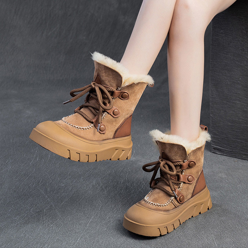 Women Retro Leather Casual Wool Snow Boots-RAIIFY