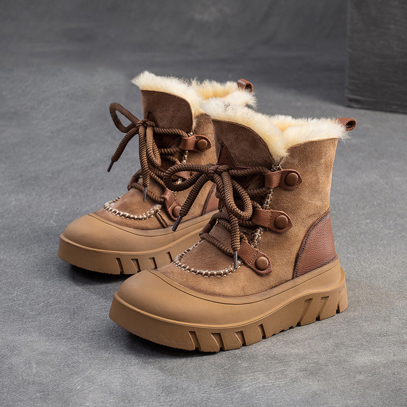 Women Retro Leather Casual Wool Snow Boots-RAIIFY