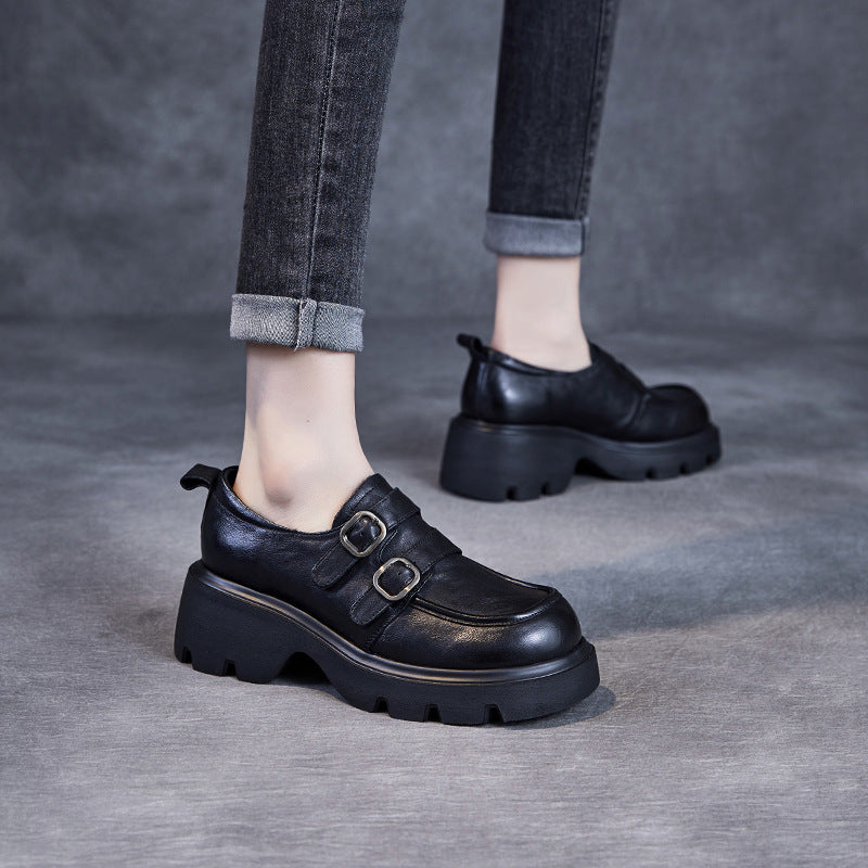 Women Retro Leather Buckle Thick Soled Loafers-RAIIFY