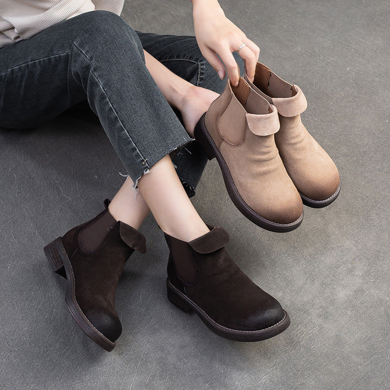 Women Retro Solid Nubuck Leather Casual Ankle Boots-RAIIFY