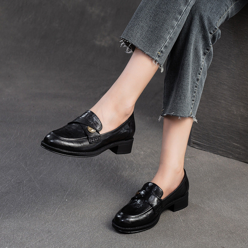 Women Leather Casual Low Block Retro Loafers-RAIIFY