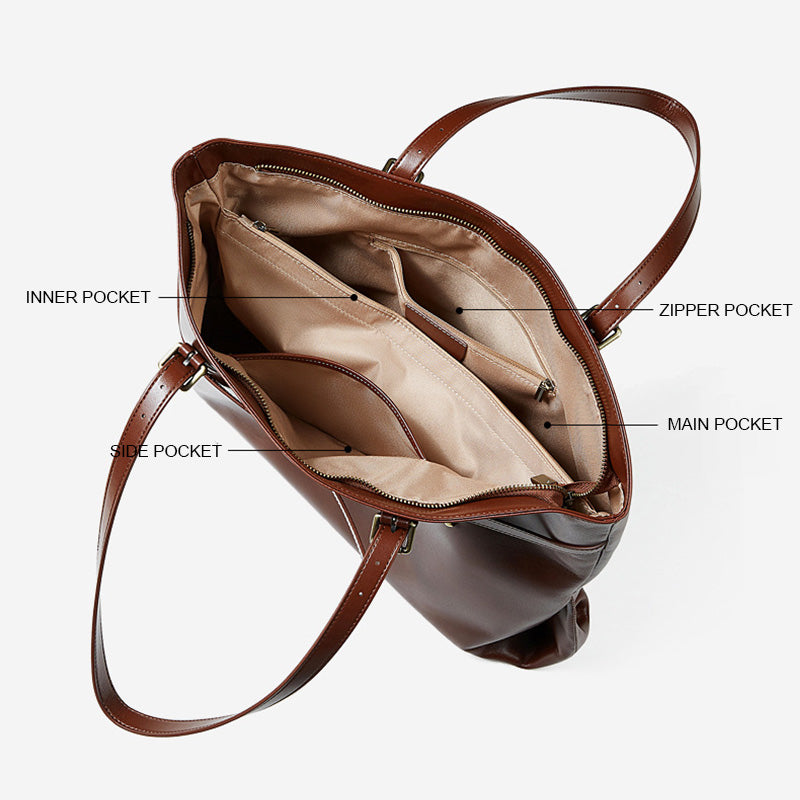 Women's Retro Plain Leather Shoulder Tote Bag-RAIIFY