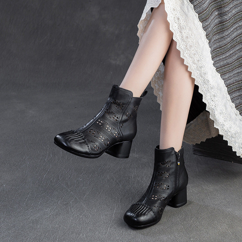 Women Retro Hollow Leather Chunky Heel Ankle Boots-RAIIFY