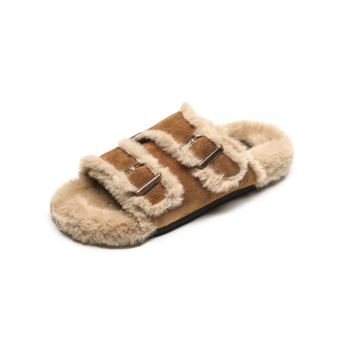 Women Winter Open Toe Bedroom Fur Slides-RAIIFY