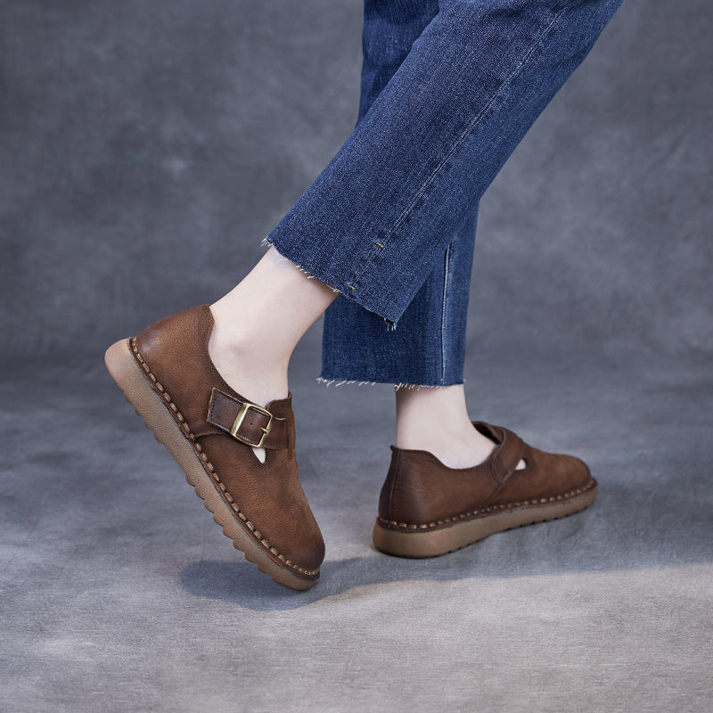 Women Vintage Leather Buckle Flat Casual Shoes-RAIIFY