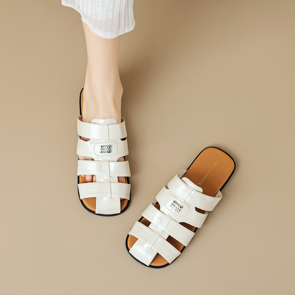 Women Retro Plaited Soft Leather Slides Sandals-RAIIFY