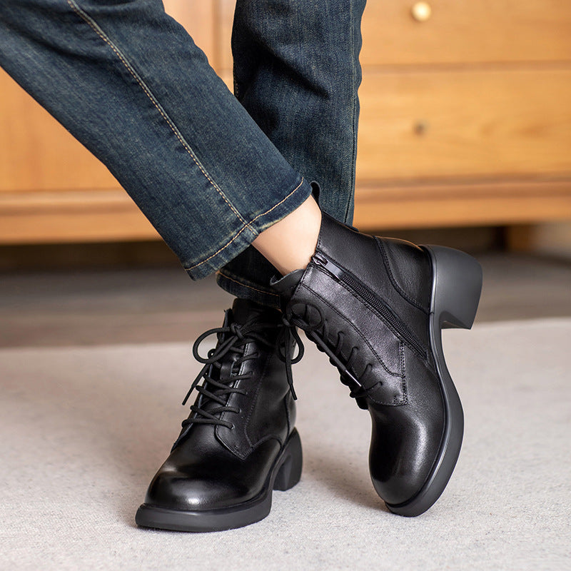 Women Retro Solid Leather Low Block Ankle Boots-RAIIFY