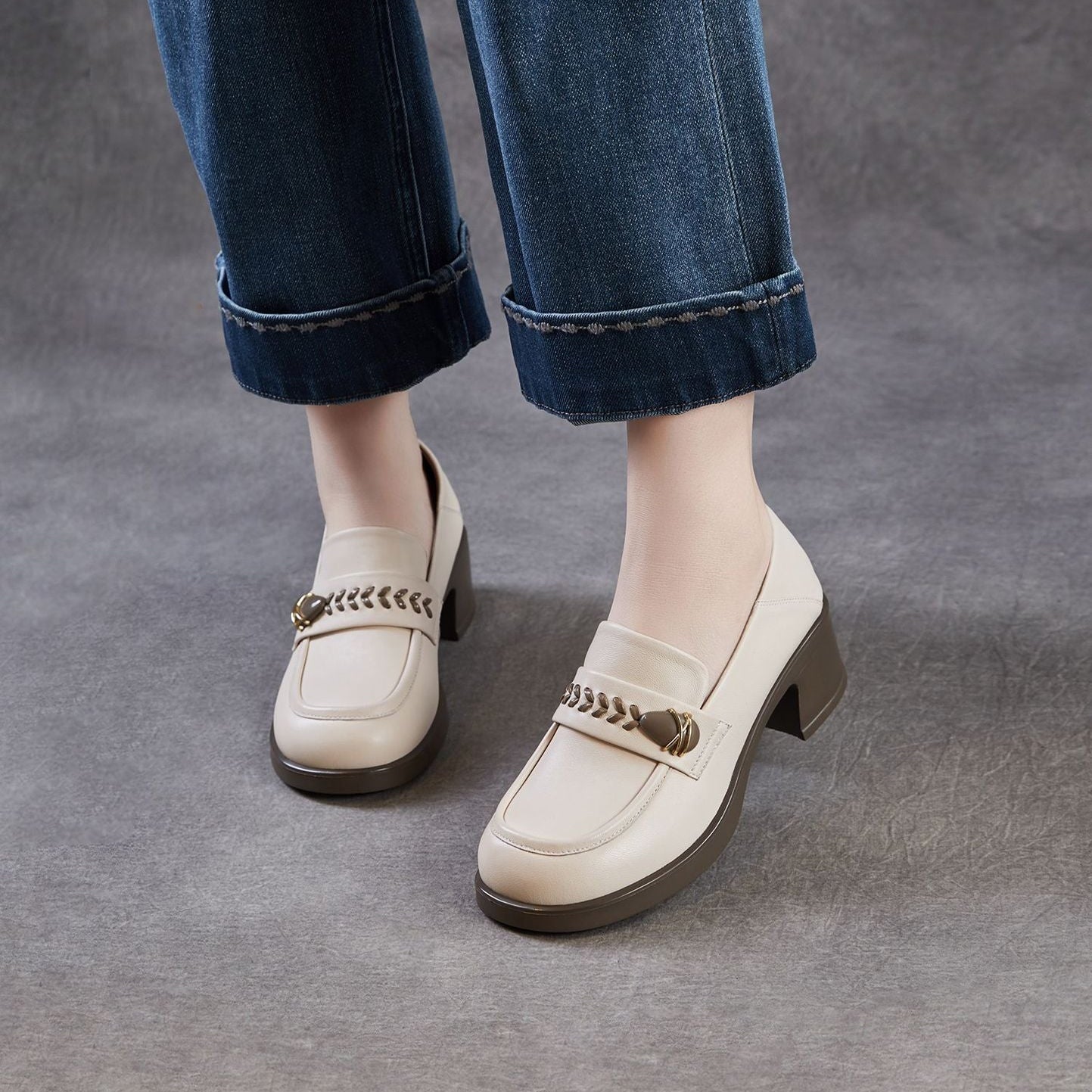 Women's Plain Leather Casual Chunky Heel Loafers-RAIIFY