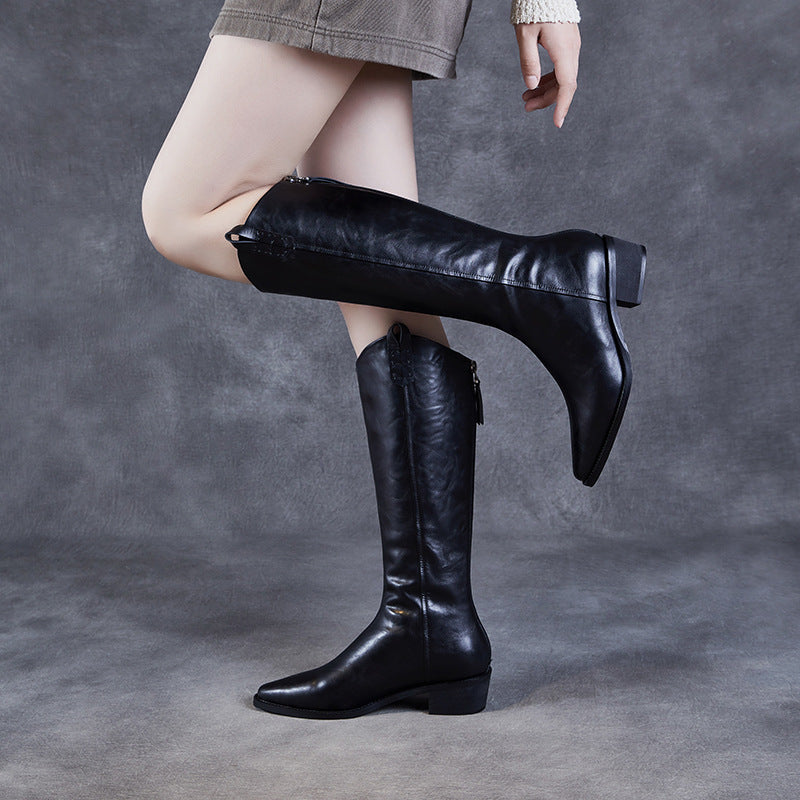 Women's Vintage Leather Pointed Toe Knee High Riding Boots-RAIIFY