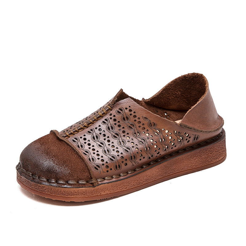 Women Retro Hollow Breathable Leather Casual Flats-RAIIFY