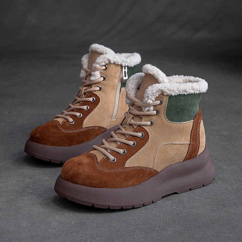 Women Retro Color Matching Leather Ankle Snow Boots-RAIIFY