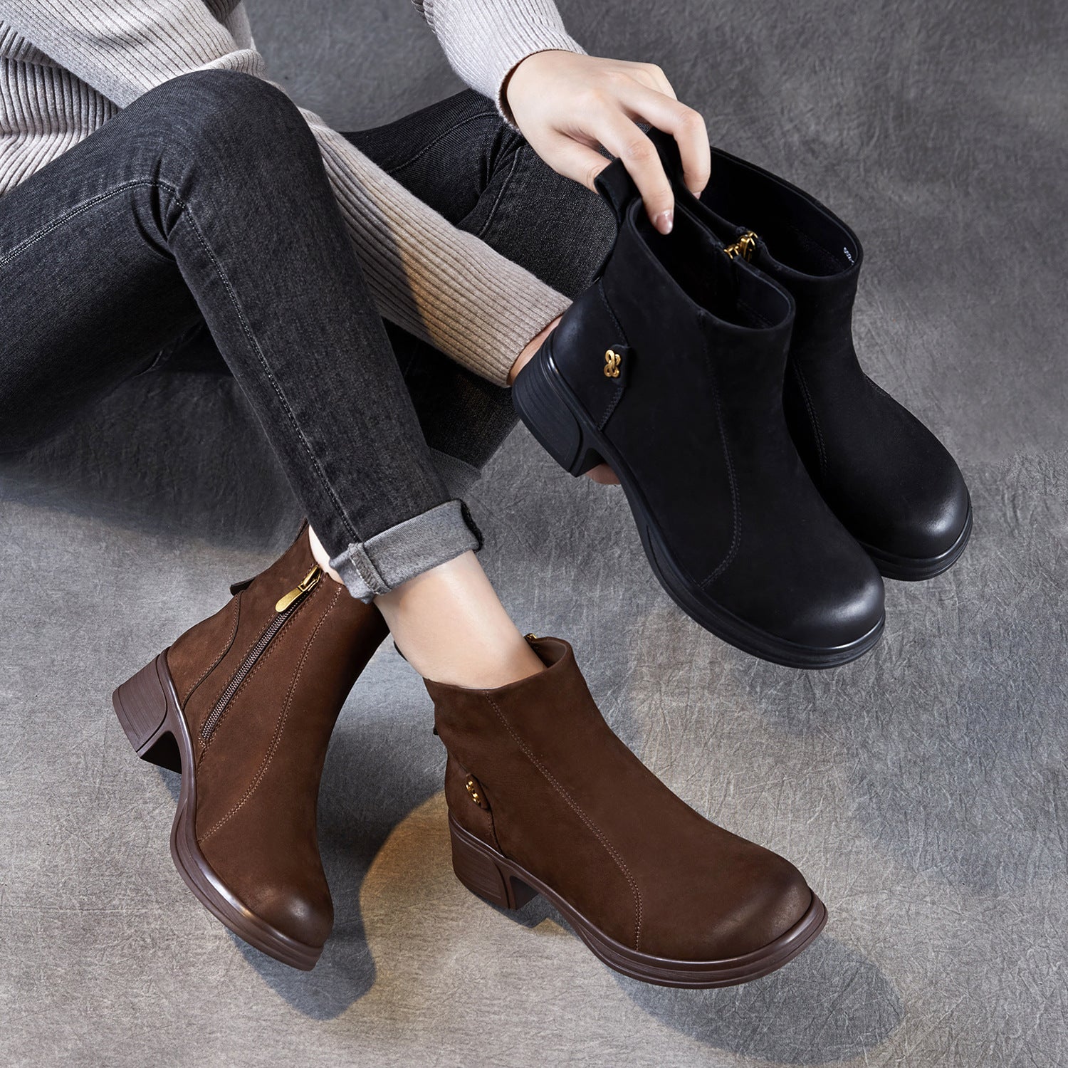 Women's Vintage Leather Chunky Heel Ankle Boots-RAIIFY