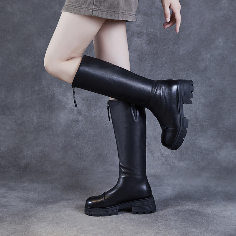 Women's Solid Leather Knee High Riding Boots-RAIIFY