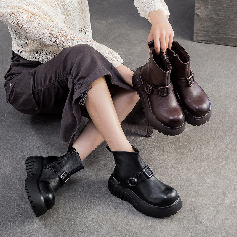 Women's Minimalist Plain Leather Ankle Platform Boots-RAIIFY