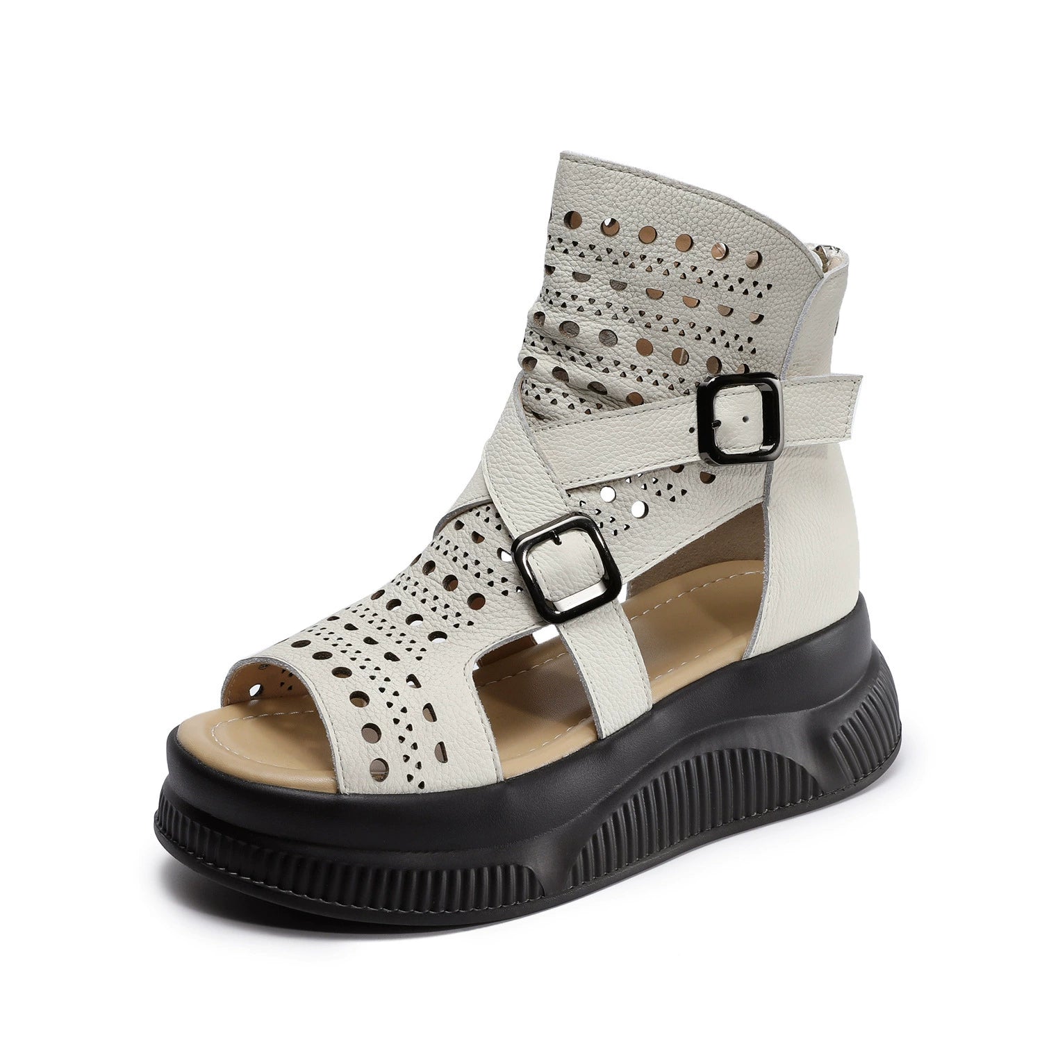 Women's Retro Cowhide Thick Sole Cutout Peep Toe Sandals