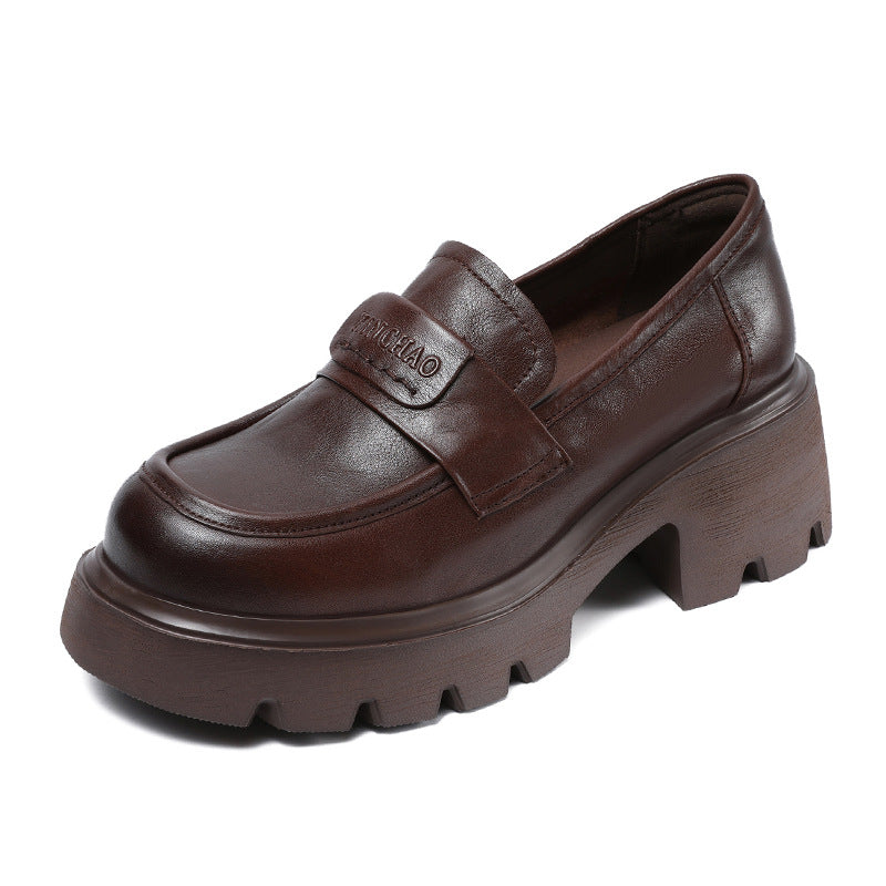 Women Minimalism Solid Leather Chunky Heel Loafers-RAIIFY