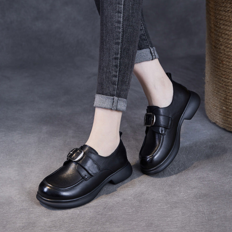 Women Minimalism Solid Leather Buckle Casual Loafers