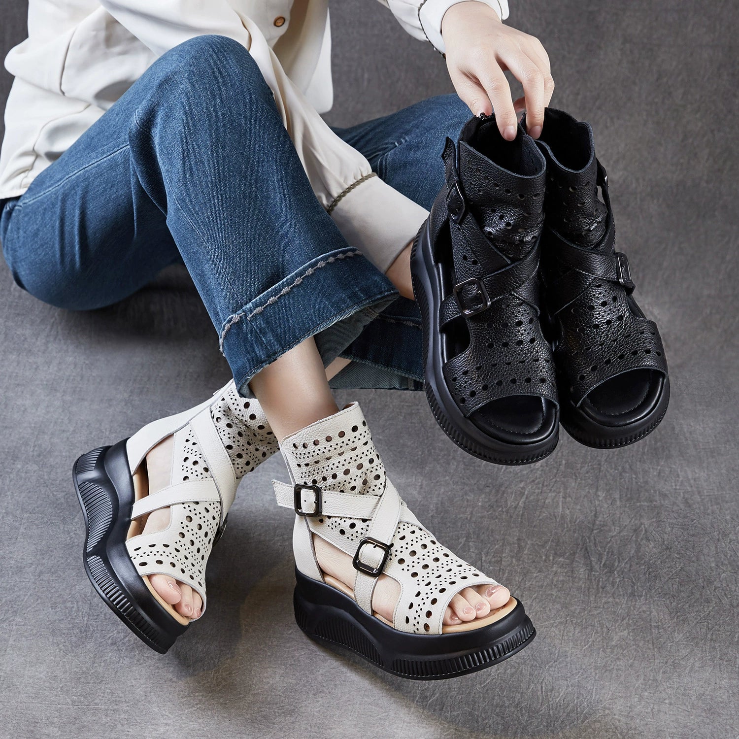 Women's Retro Cowhide Thick Sole Cutout Peep Toe Sandals