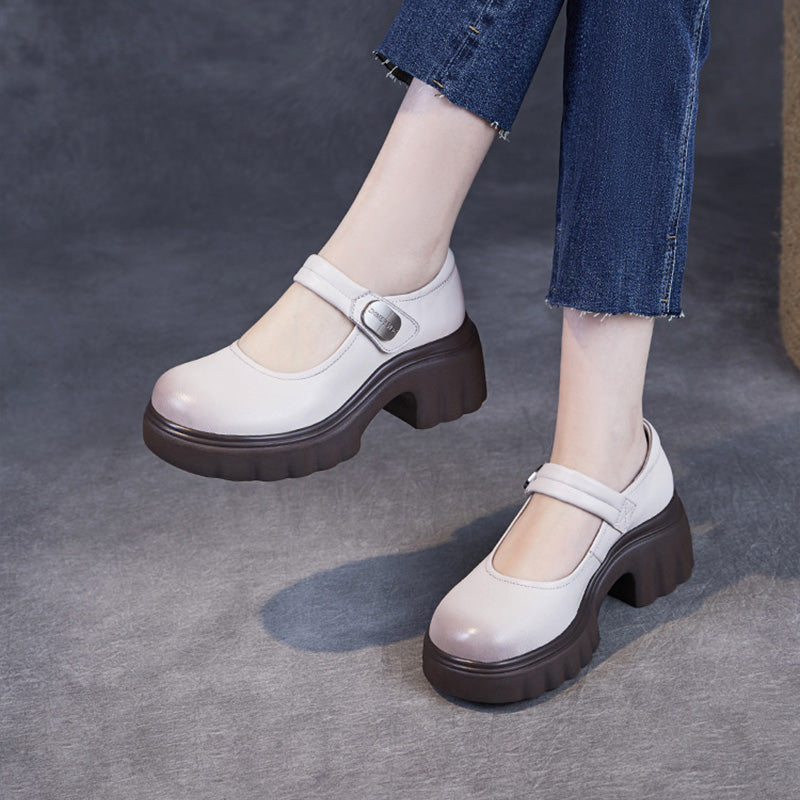 Women Fashion Leather Buckle Velcro Tape Mary Jane Shoes-RAIIFY