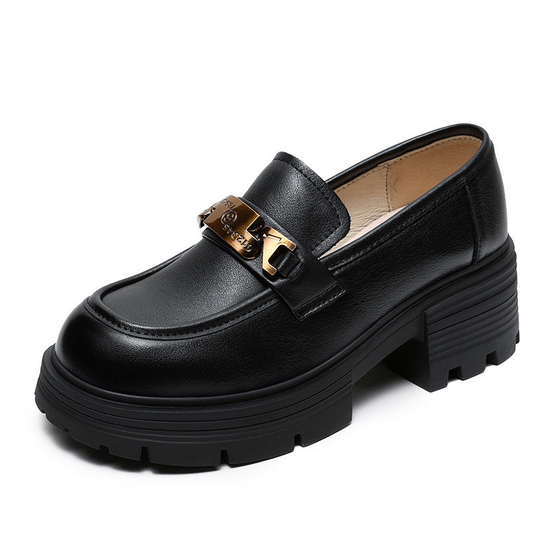 Women Stylish Metal Buckle Leather Thick Soled Loafers-RAIIFY