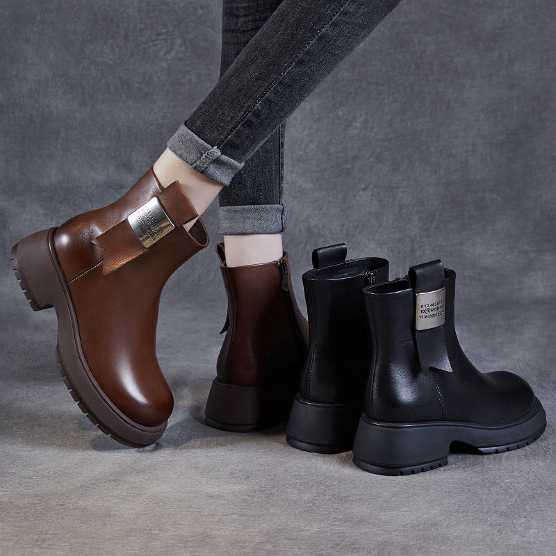 Women Minimalism Solid Leather Casual Boots-RAIIFY