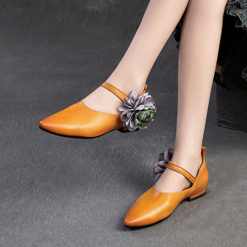 Women Retro Ethnic Flower Leather Pointed Toe Shoes-RAIIFY