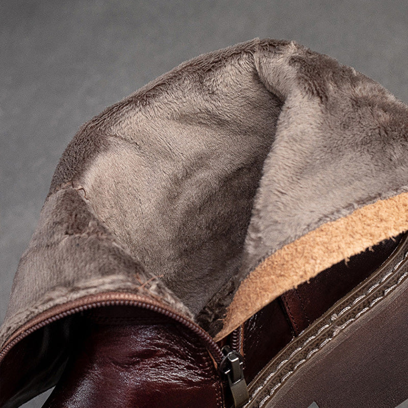 Women Retro Leather Winter Furred Chunky Sole Boots-RAIIFY