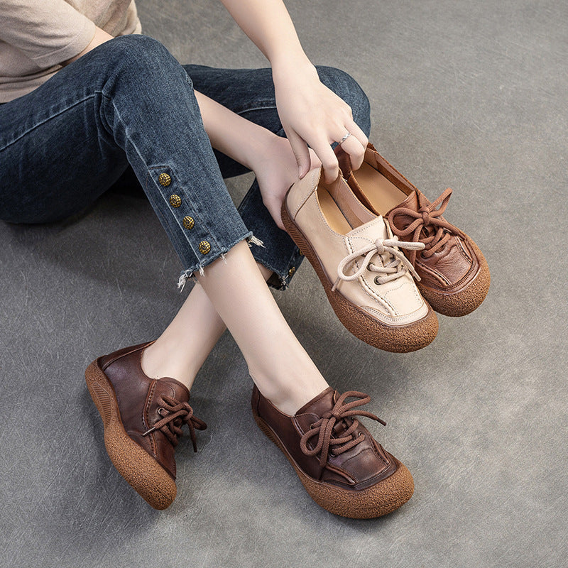 Women Retro Leather Lace-up Flat Casual Shoes-RAIIFY