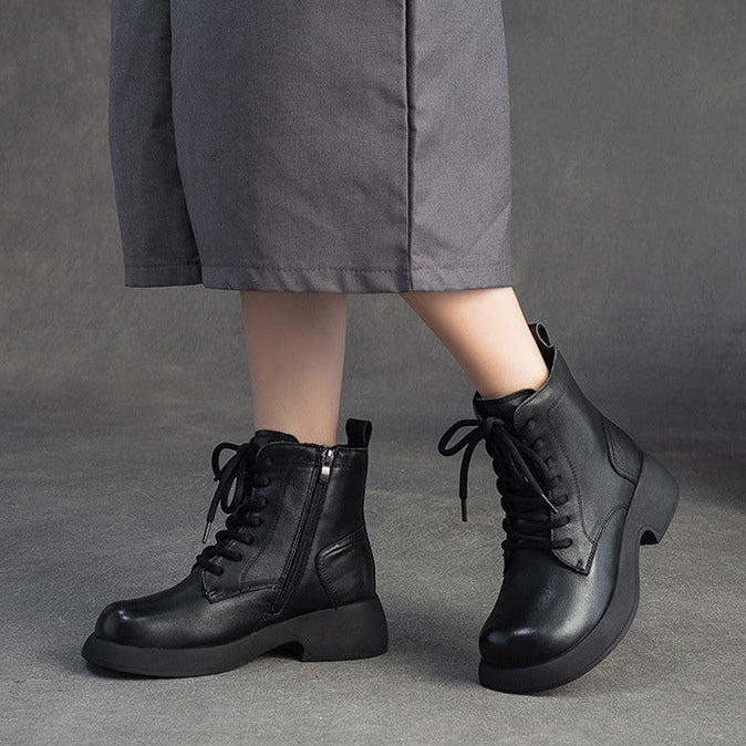 Women's Minimalist Plain Leather Woolen Snow Boots-RAIIFY