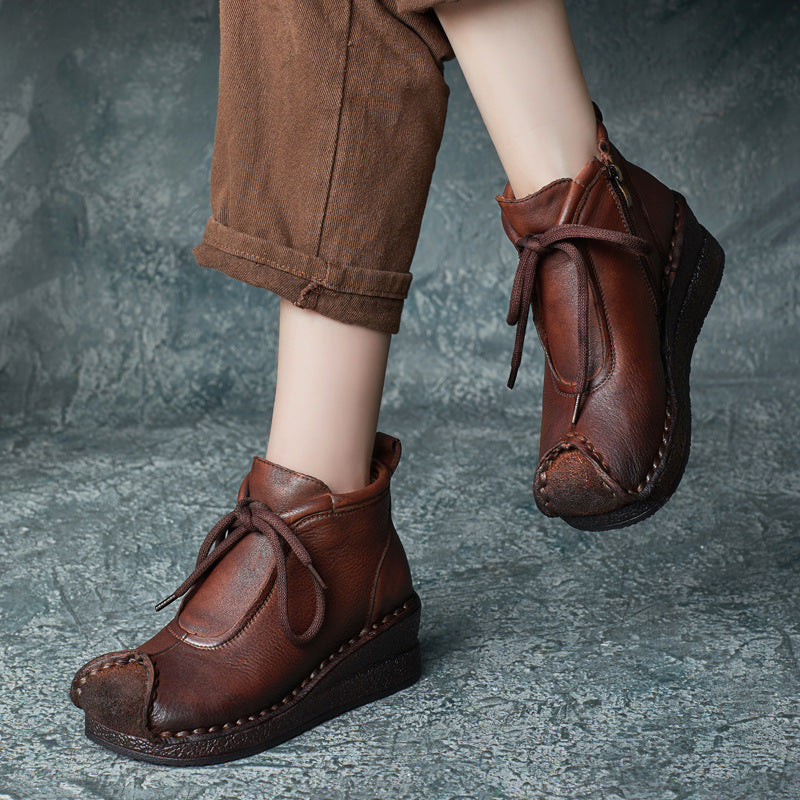 Women Vintage Soft Leather Wedge Ankle Boots-RAIIFY