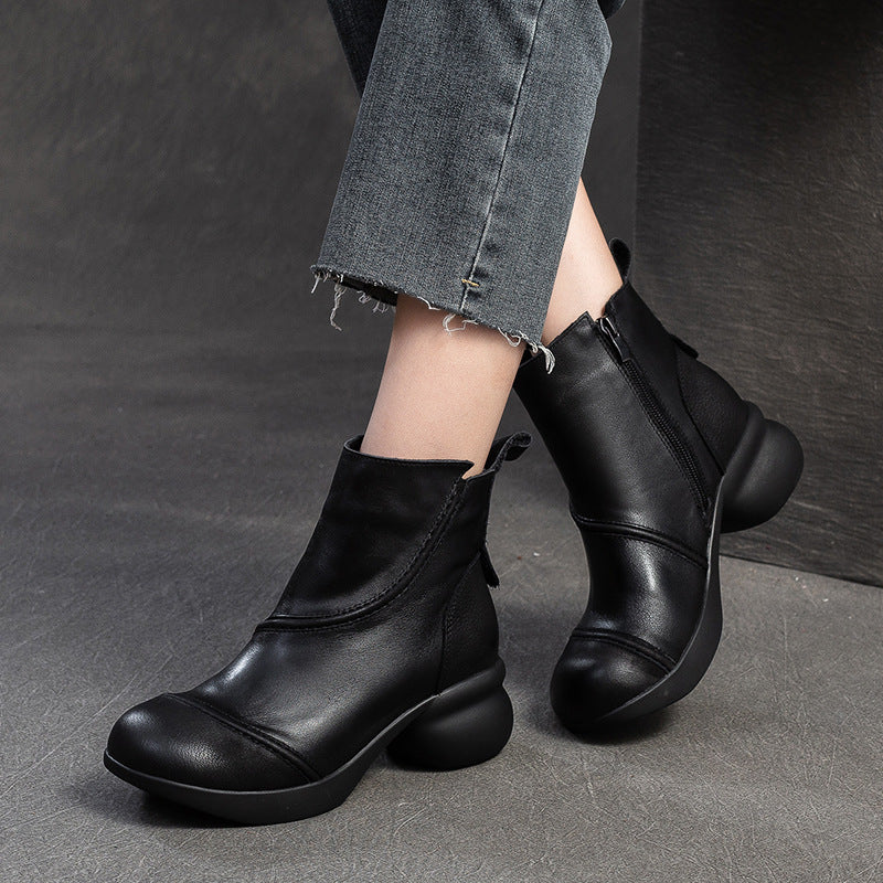 Women Vintage Solid Leather Low Block Ankle Boots-RAIIFY