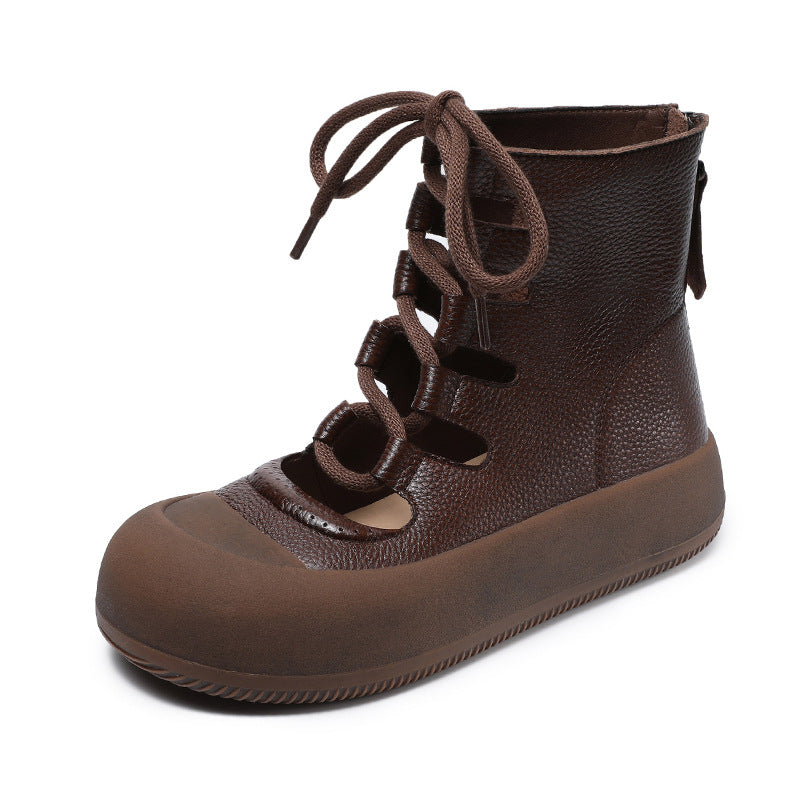 Women Retro Plain Hollow Leather Ankle Boots-RAIIFY