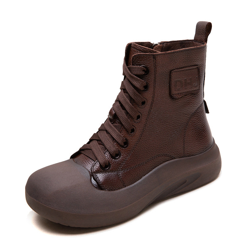 Women Vintage Minimalism Solid Leahter Flat Casual Boots-RAIIFY