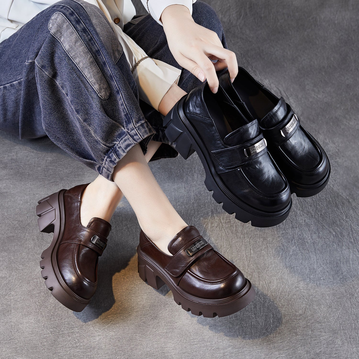 Women's Vintage Leather Metal Buckle Platform Loafers-RAIIFY