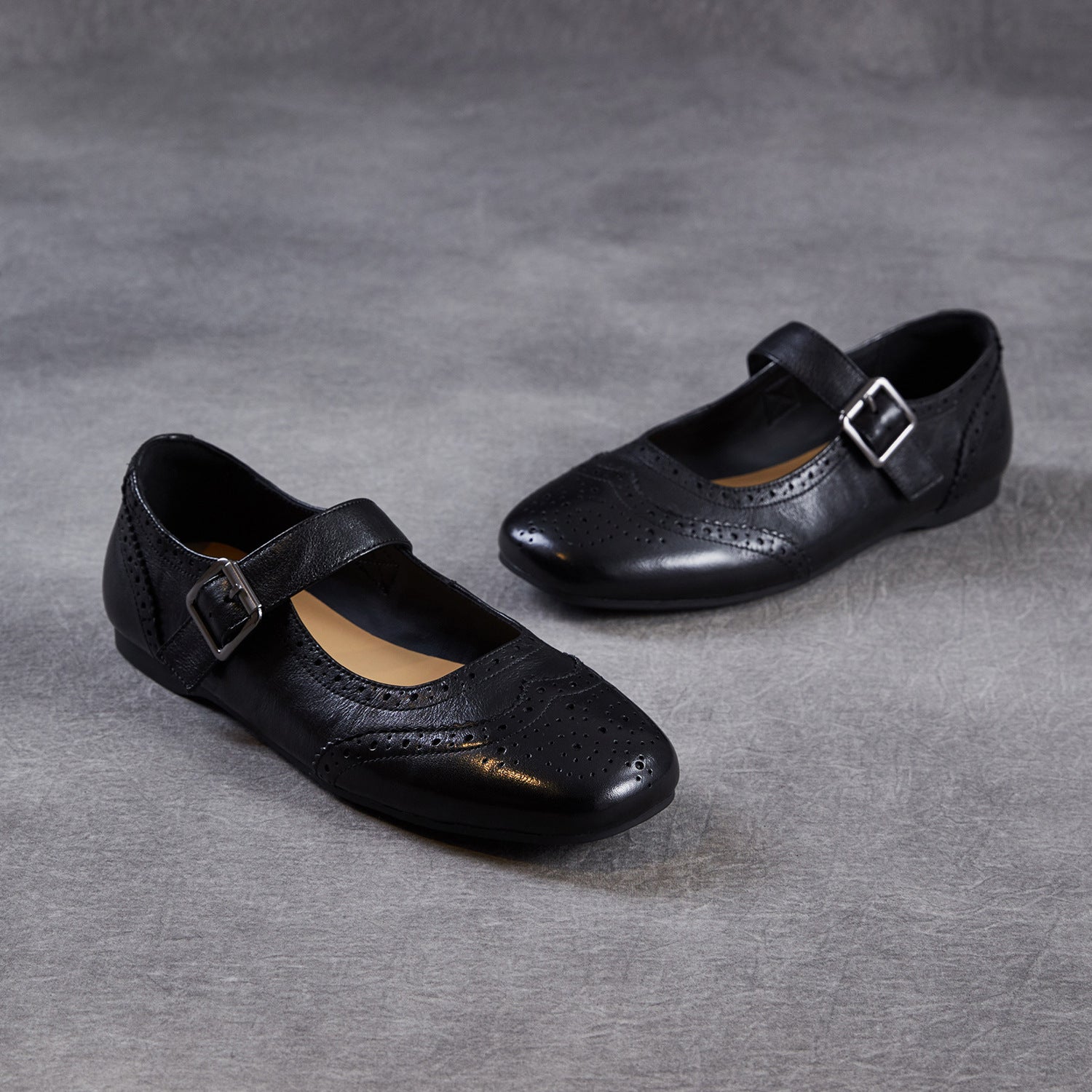 Women Leather Vintage Square Toe Mary Jane Flats-RAIIFY