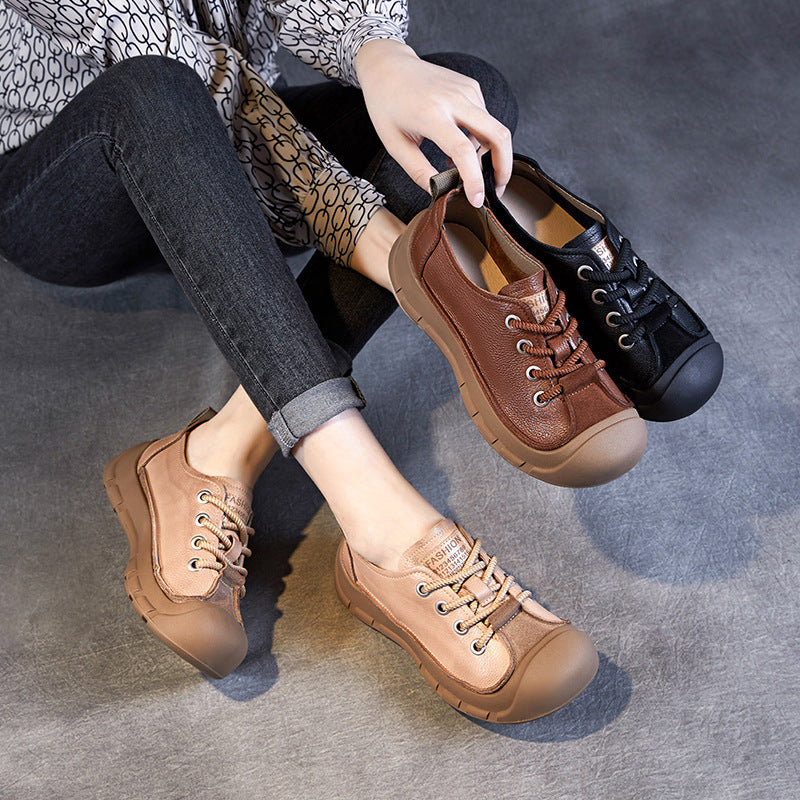 Women Retro Leather Soft Flat Casual Shoes-RAIIFY