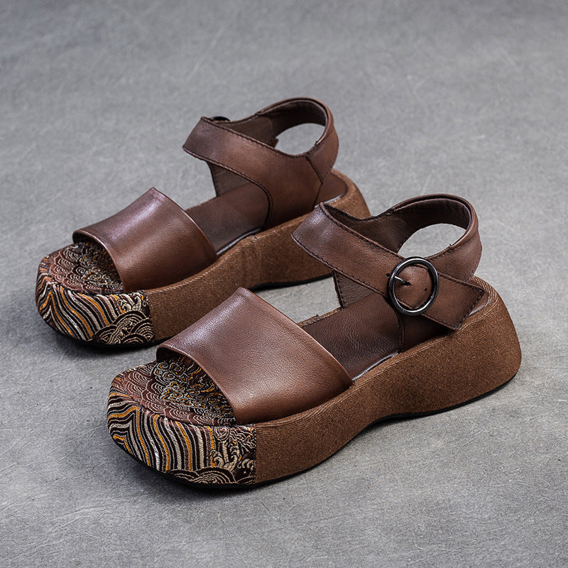 Women Retro Pattern Leather Thick Soled Casual Sandals-RAIIFY