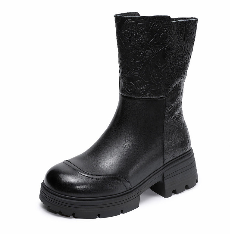 Women's Retro Embossed Leather Furred Mid-Calf Boots-RAIIFY