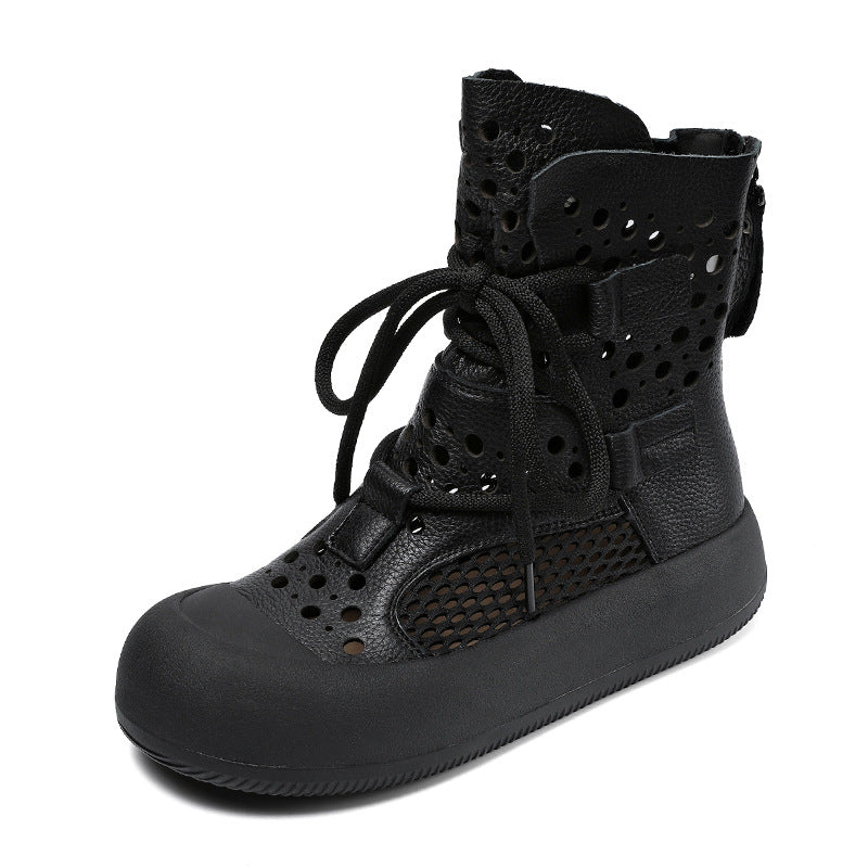 Women Retro Plain Hollow Leather Mesh Casual Boots-RAIIFY
