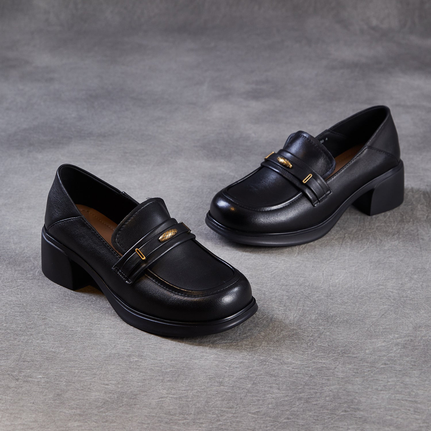 Women's Leather Casual Block Heel Loafers