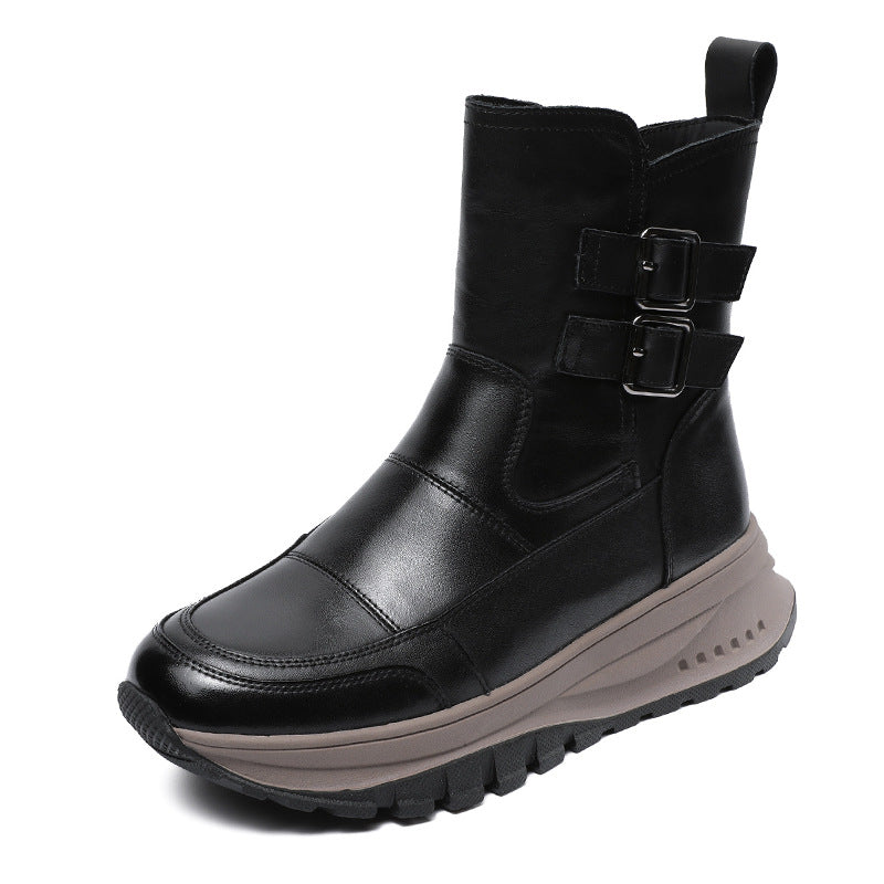 Women Minimalism Solid Leather Woolen Snow Boots-RAIIFY